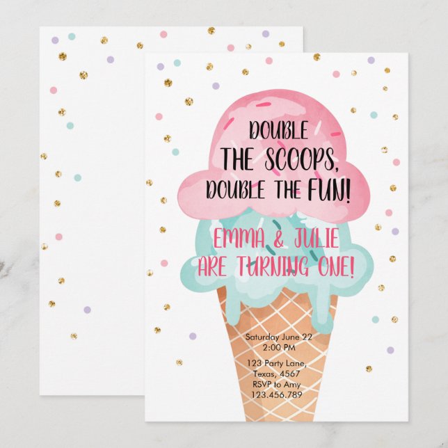 Invitación Crema de hielo gemela Cumpleaños Mint Rosa Cone Co (Anverso / Reverso)