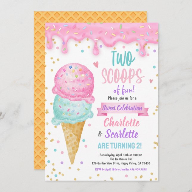 Invitación Crema de hielo gemelos Chica Partido de cumpleaños (Anverso / Reverso)