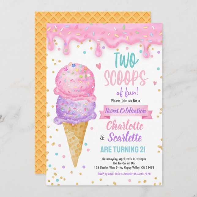 Invitación Crema de hielo gemelos Chica Partido de cumpleaños (Anverso / Reverso)