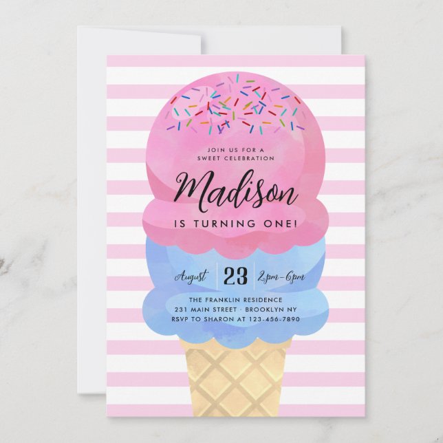 Invitación Crema de hielo moderna Rubor Niños rosas azules Cu (Anverso)