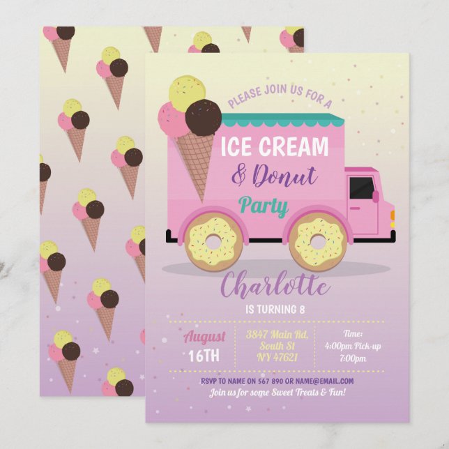 Invitación Crema de hielo no Fiesta Cumpleaños aveces rosadas (Anverso / Reverso)