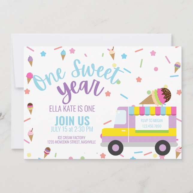 Invitación Crema de hielo Primer Cumpleaños Niña Fiesta (Anverso)