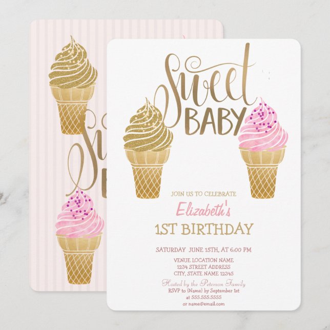 Invitación Crema de hielo purpurina Macarons Cumpleaños a la  (Anverso / Reverso)