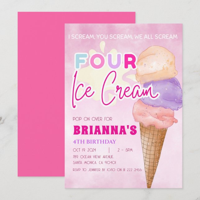 Invitación Crema de hielo rosa cuarto Chica de verano de cump (Anverso / Reverso)