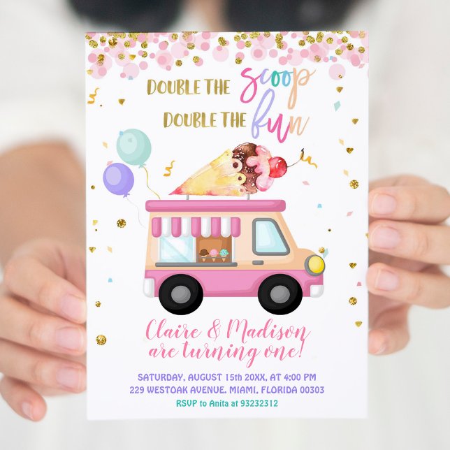 Invitación Crema De Hielo Rosa Doble A Los Gemelos Scoop Cump (Subido por el creador)