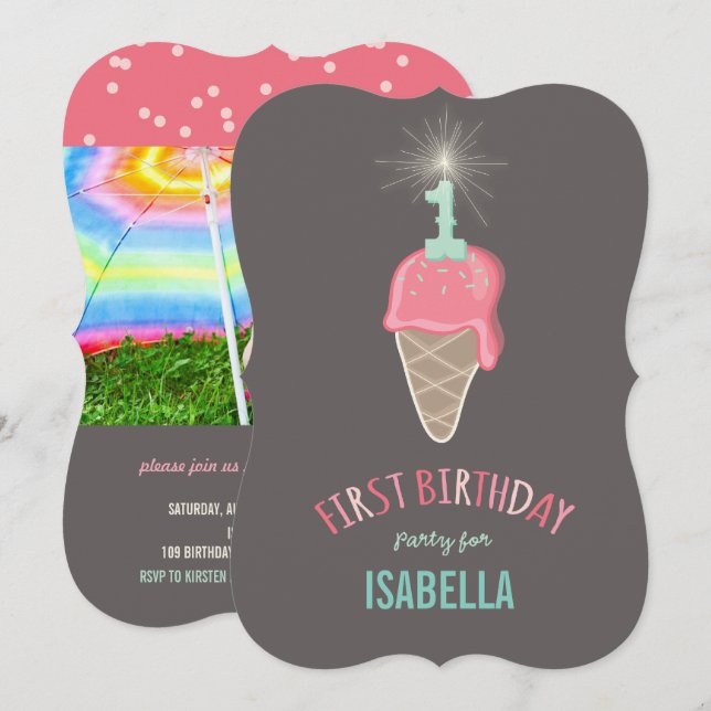 Invitación Crema de hielo rosa Sparkler Chica primer Fiesta d (Anverso / Reverso)