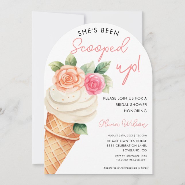 Invitación Crema de hielo rosa y púrpura y ducha de novia flo (Anverso)