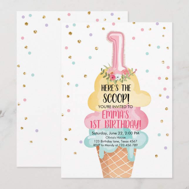 Invitación Crema de hielo social aquí es el primer cumpleaños (Anverso / Reverso)