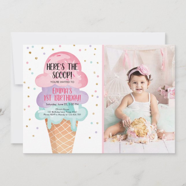 Invitación Crema de hielo social aquí está el Confetti rosado (Anverso)