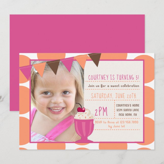 Invitación Crema de hielo Sundae Polka Dots Chica Fiesta de c (Anverso / Reverso)