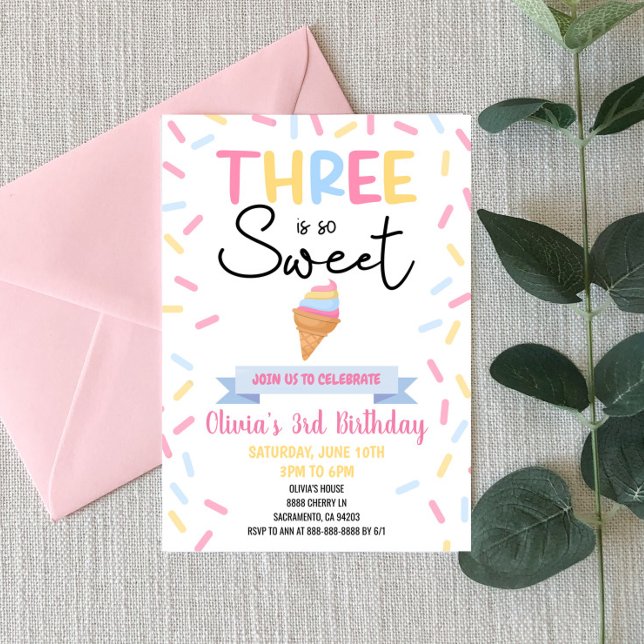 Invitación Crema De Hielo Tres Es La Dulce Tercer Fiesta De C (Subido por el creador)
