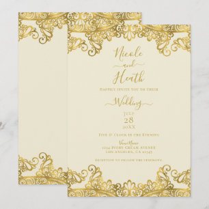 Invitación Crema de Marfil y Encaje Dorado Elegante Boda
