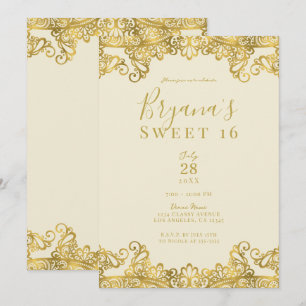 Invitación Crema de Marfil y Encaje Dorado Fiesta Elegante de