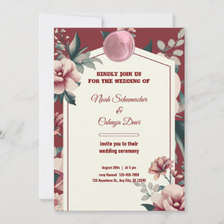 Invitación Crema de marrón y Boda de borde floral de cosecha 