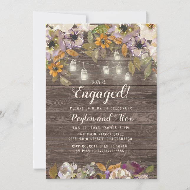 Invitación Crema de roya Purple Floral String Luces Madera (Anverso)