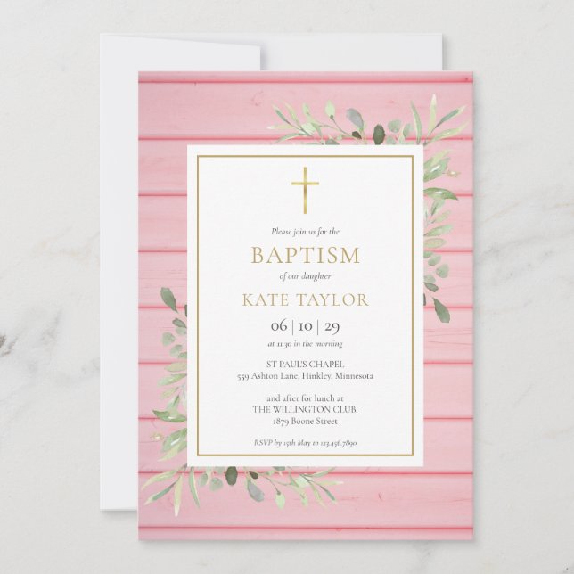 Invitación Crema de vegetación de madera rústica rosa bautizo (Anverso)