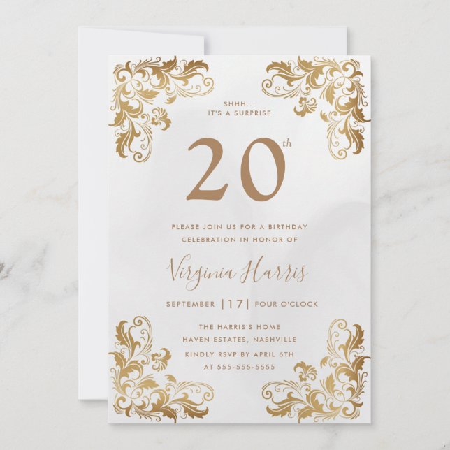 Invitación Crema del Ornate Gold 20 cumpleaños (Anverso)