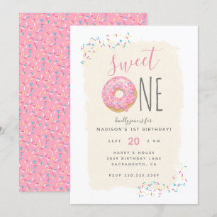 Invitación Crema   Dulce de anillos rosados Dulce primer cump