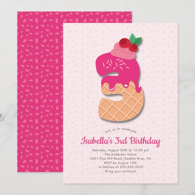 Invitación Crema dulce de hielo 3er cumpleaños (Anverso / Reverso)