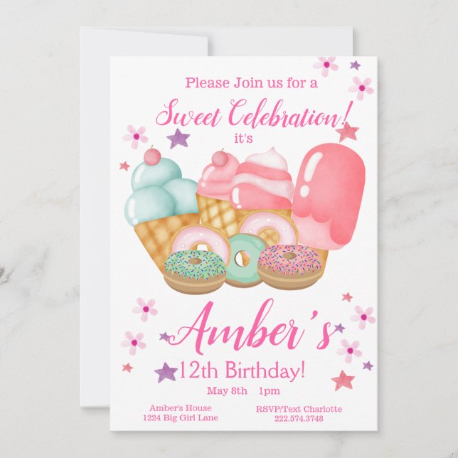 Invitación Crema dulce de hielo, cumpleaños de donut, cualqui (Anverso)