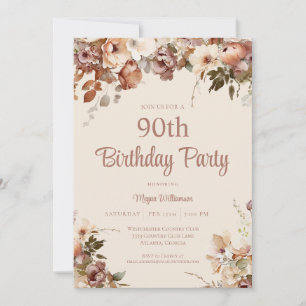 Invitación Crema elegante y color rosa 90 cumpleaños floral