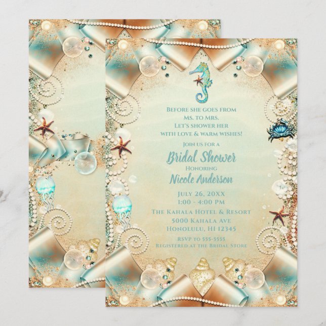 Invitación Crema encantada bajo la novia de Pearls Ribbon (Anverso / Reverso)