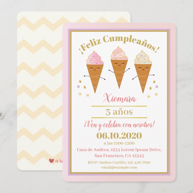 Invitación Crema española de hielo cono rosa y dorado cumplea (Anverso / Reverso)