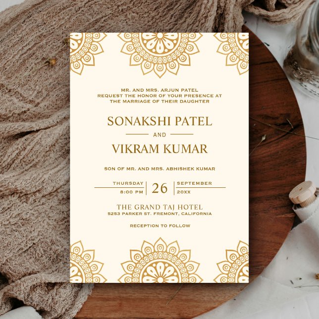 Invitación Crema étnica y Boda indio Mandala marrón (Subido por el creador)