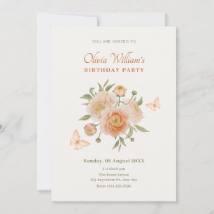 Invitación Crema flor naranja flor cumpleaños mariposa