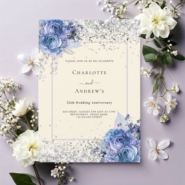 Invitación Crema floral azul de plata 25 aniversario boda (Subido por el creador)