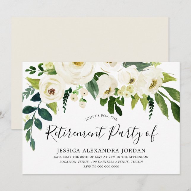 Invitación Crema floral blanca hermosa Fiesta de retiro (Anverso / Reverso)