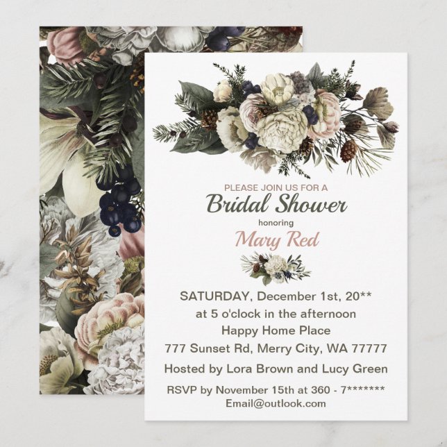 Invitación Crema floral de invierno Peony Conifer Bridal Show (Anverso / Reverso)