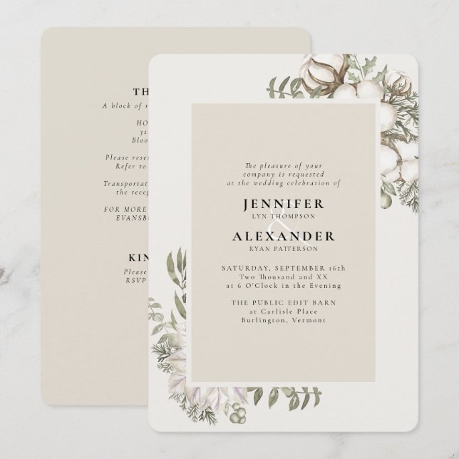 Invitación Crema floral de invierno RSVP QR Boda de código (Anverso / Reverso)
