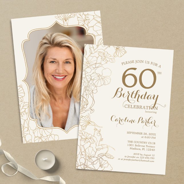 Invitación Crema floral de oro foto 60 cumpleaños (Subido por el creador)