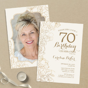 Invitación Crema floral de oro foto 70 cumpleaños