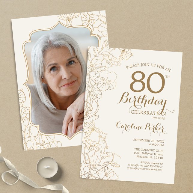 Invitación Crema floral de oro foto 80 cumpleaños (Subido por el creador)