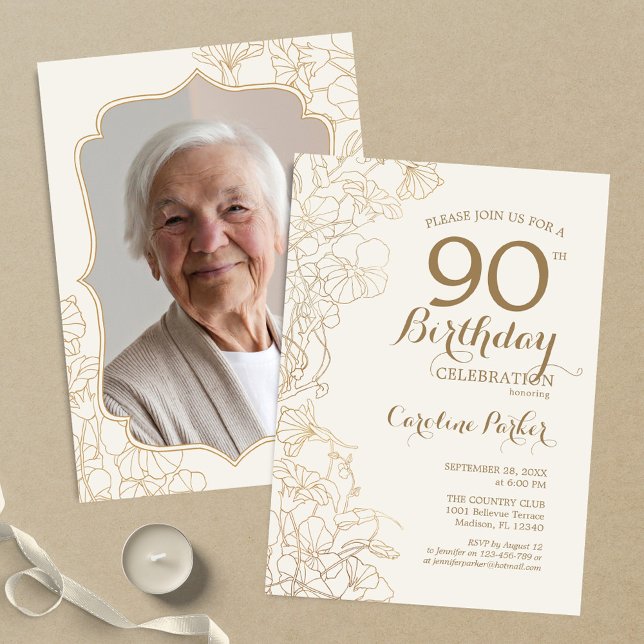 Invitación Crema floral de oro foto 90 cumpleaños (Subido por el creador)