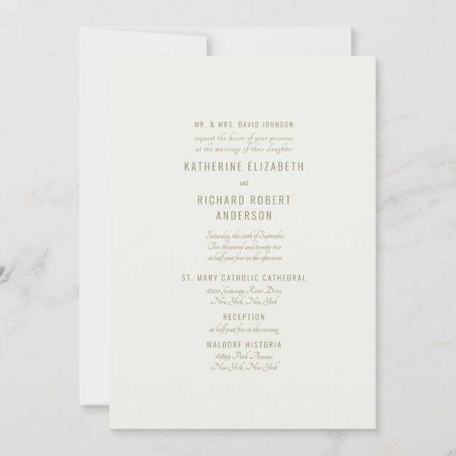 Invitación Crema formal dos lugares para padres de novias (Anverso)