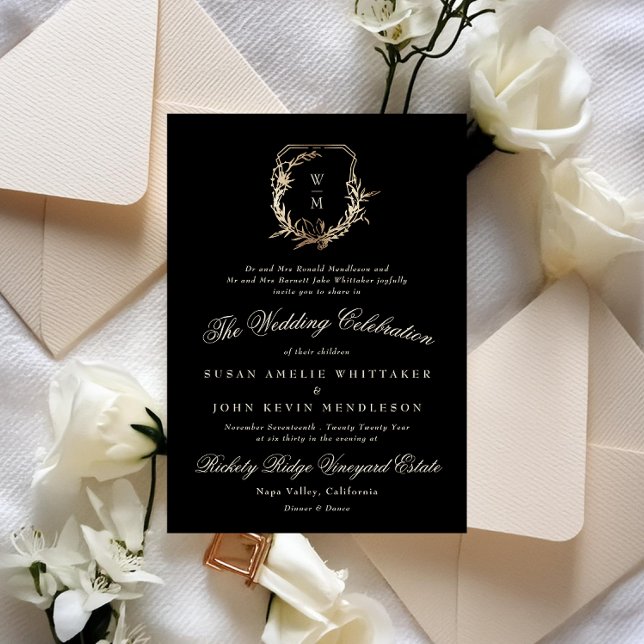 Invitación Crema formal y Monograma negro Boda de guirnaldas  (Subido por el creador)