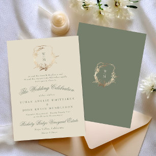 Invitación Crema formal y Monograma verde Boda de guirnaldas