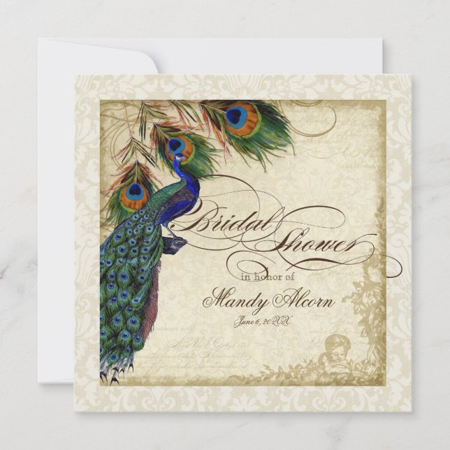 Invitación Crema invitada por ducha de novia Peacock & Feathe (Anverso)