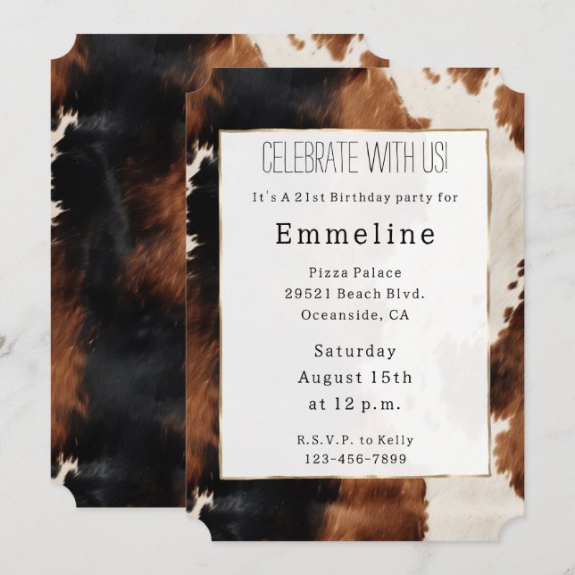 Invitación Crema marrón negra Piel de vaca de vaca de la vaca (Anverso / Reverso)