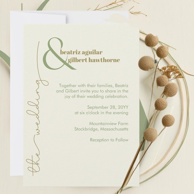 Invitación Crema moderna y Boda Minimalista verde (Modern minimalist typography elegant wedding invitation in shades of cream, moss green, and olive)