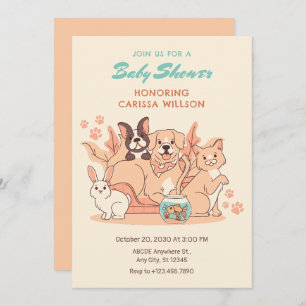 Invitación Crema naranja Grupo de mascotas fiestas animales