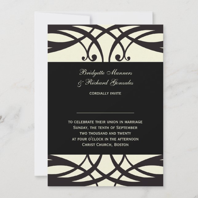 Invitación Crema negra invita a la boda Art Déco (Anverso)