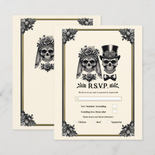 Invitación Crema Negro y Dorado Vintage Esqueleto Boda RSVP