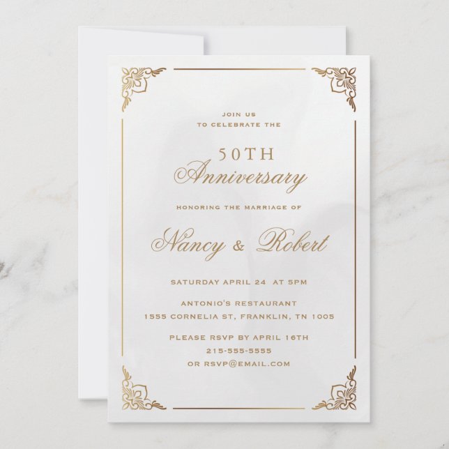 Invitación Crema Ornate Gold Frame 50 Aniversario del Boda (Anverso)