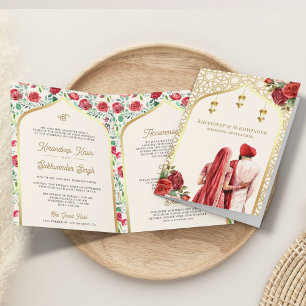 Invitación Crema Oro Rosas Rojas Todo en Una Boda Sikh