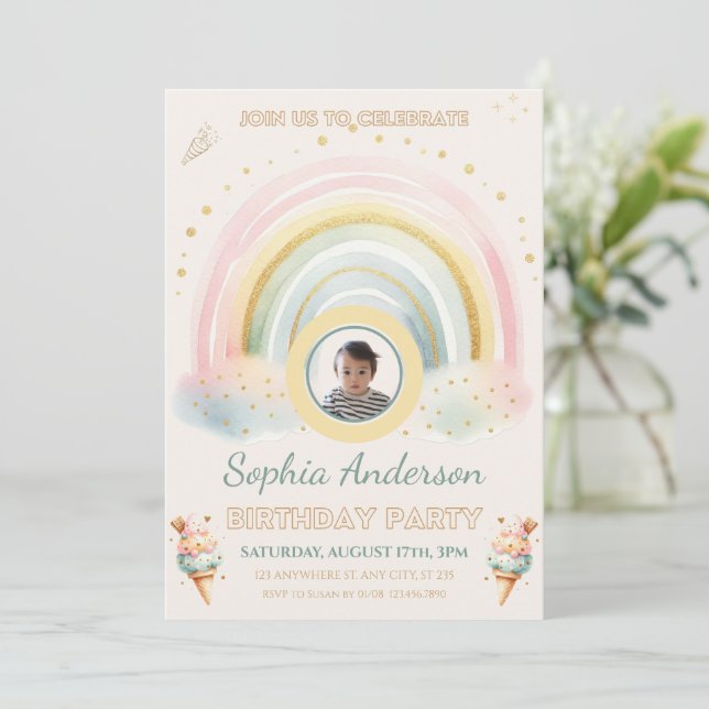 Invitación Crema pastel arcoiris y helado, foto personalizado (Anverso de pie)