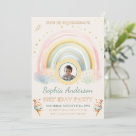 Invitación Crema pastel arcoiris y helado, foto personalizado